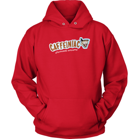 Image of front view of a red unisex hoodie featuring the caffeiniac aficionado extreme design on the front