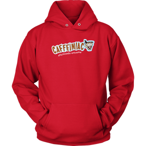 front view of a red unisex hoodie featuring the caffeiniac aficionado extreme design on the front