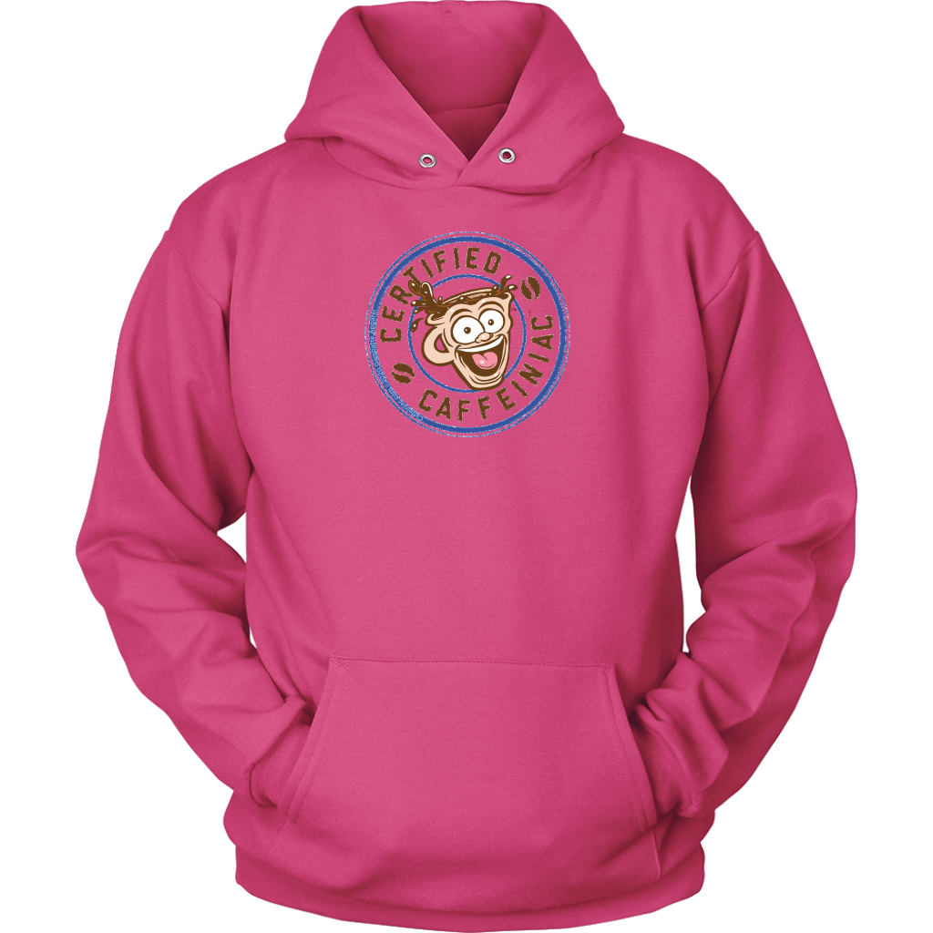 front view of a pink unisex hoodie featuring the certified caffeiniac design 