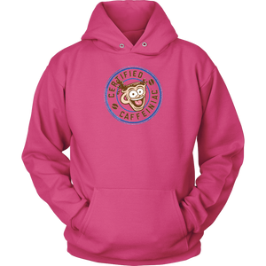 front view of a pink unisex hoodie featuring the certified caffeiniac design 