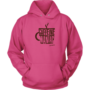 a pink hoodie sweatshirt featuring the original coffee lover's design "Caffeine Maniac" by Caffeiniac on the front.