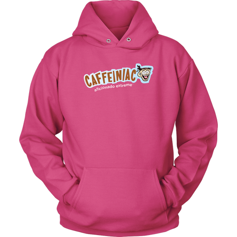 Image of front view of a pink unisex hoodie featuring the caffeiniac aficionado extreme design on the front