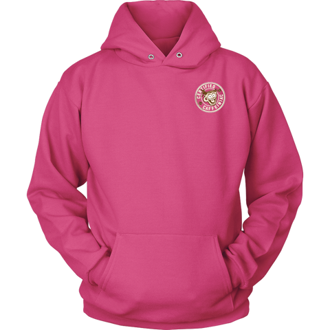 Image of  front view of a pink hoodie with the Certified Caffeiniac design on the front left chest