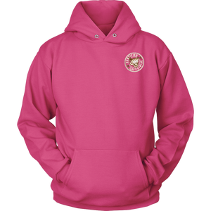  front view of a pink hoodie with the Certified Caffeiniac design on the front left chest