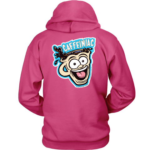 Image of Back view of a pink unisex Hoodie featuring the original Caffeiniac Dude design on the front left chest and full size on the back