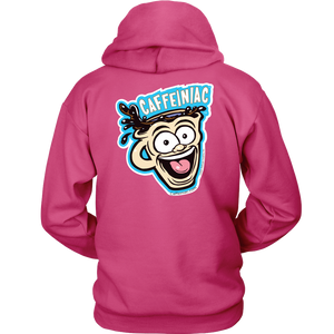 Back view of a pink unisex Hoodie featuring the original Caffeiniac Dude design on the front left chest and full size on the back