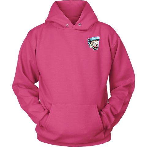 Image of Front view of a pink unisex Hoodie featuring the original Caffeiniac Dude design on the front left chest and full size on the back