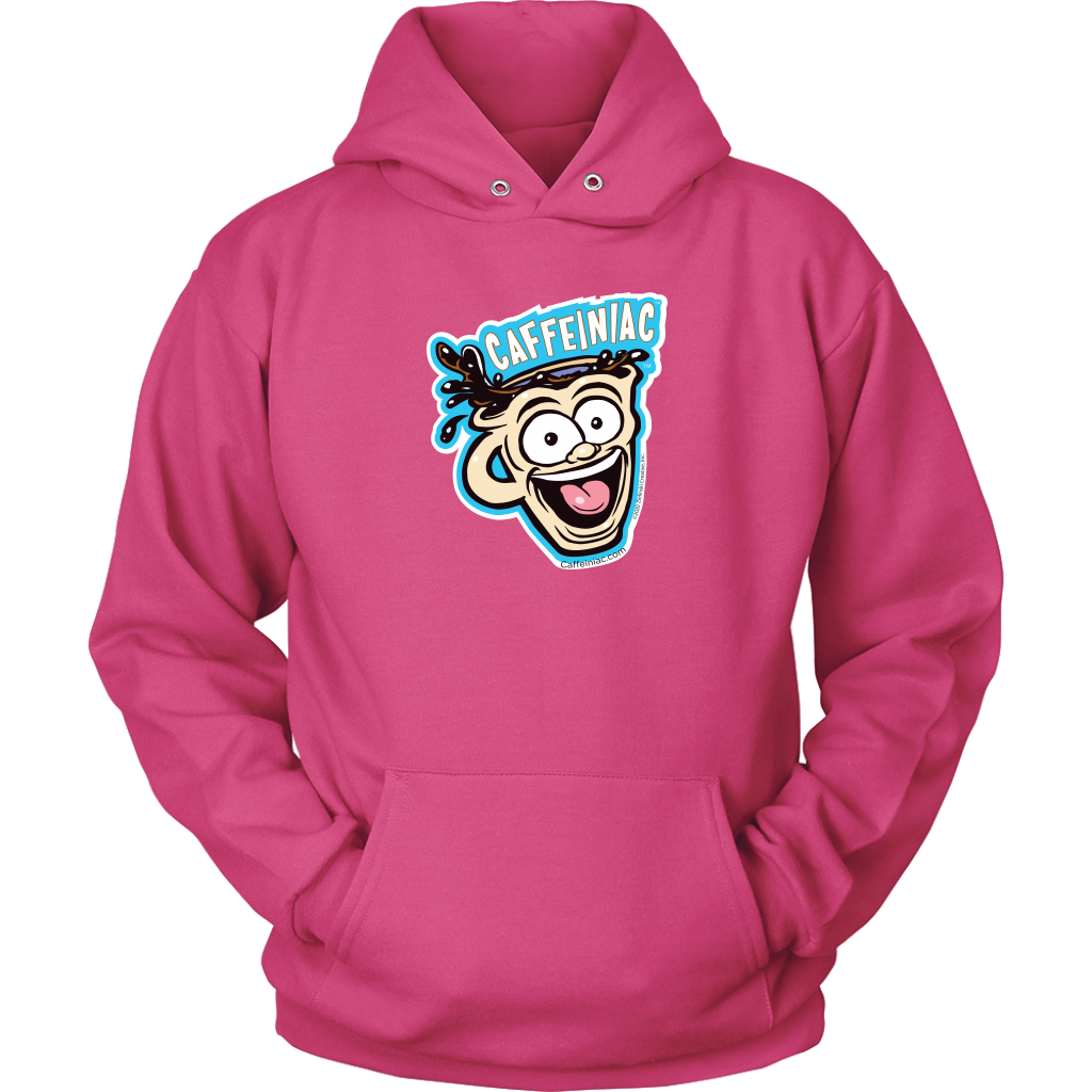 Front view of a pink unisex Hoodie featuring the original Caffeiniac Dude cup design on the front