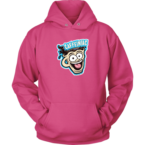 Image of Front view of a pink unisex Hoodie featuring the original Caffeiniac Dude cup design on the front