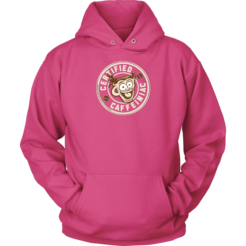 front view of a pink unisex hoodie with the Certified Caffeiniac design on front in tan ink