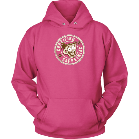 Image of front view of a pink unisex hoodie with the Certified Caffeiniac design on front in tan ink