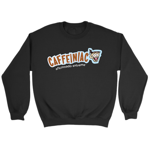 Image of front view of a black crewneck sweatshirt featuring the original Caffeiniac aficionado extreme logo