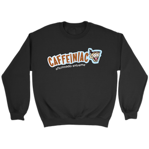 front view of a black crewneck sweatshirt featuring the original Caffeiniac aficionado extreme logo