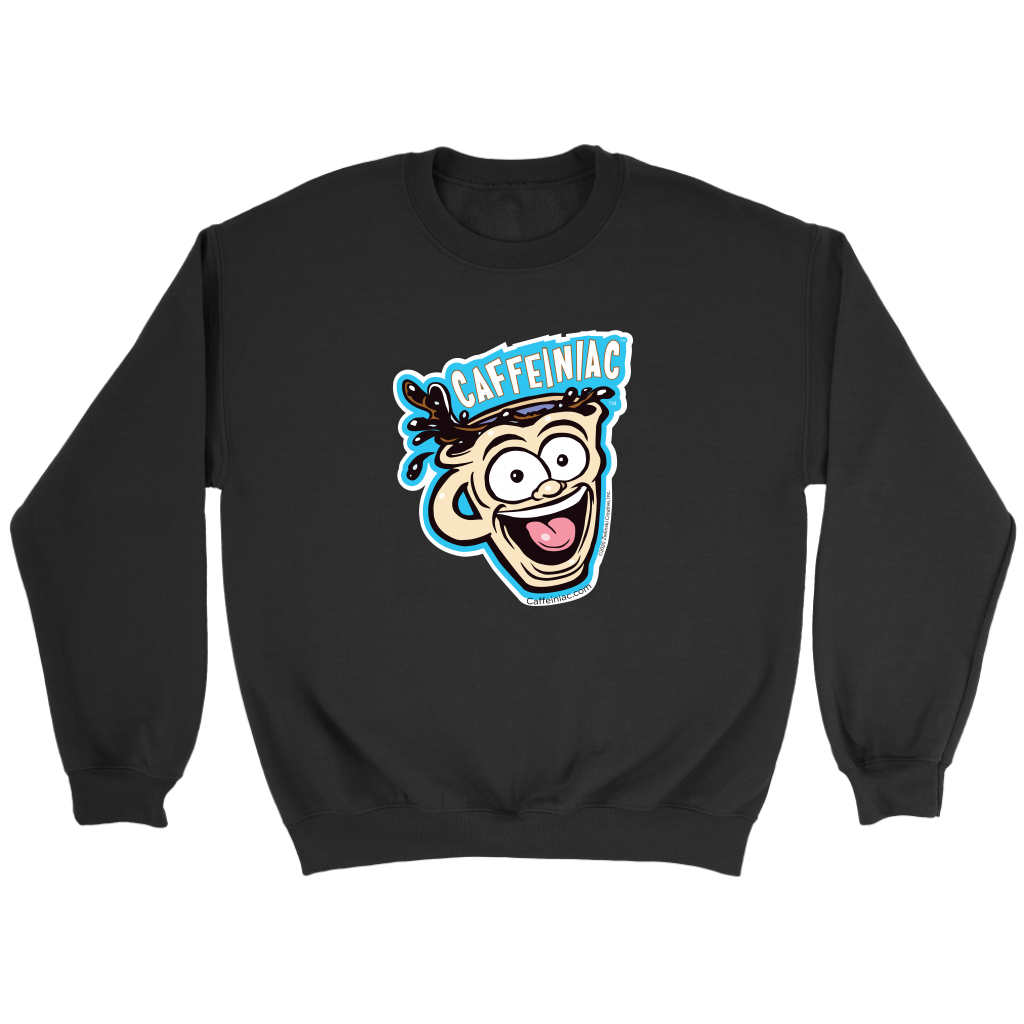 front view of a black crewneck sweatshirt featuring the original Caffeiniac Dude cup design