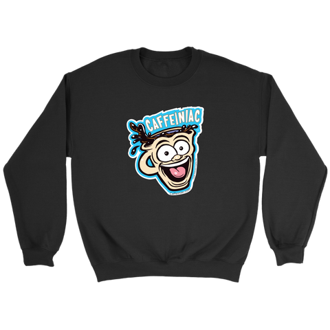 Image of front view of a black crewneck sweatshirt featuring the original Caffeiniac Dude cup design