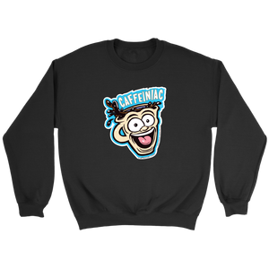 front view of a black crewneck sweatshirt featuring the original Caffeiniac Dude cup design