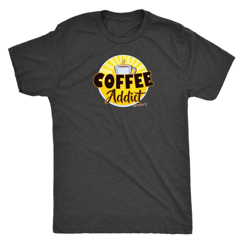 Image of front view of a mens grey Caffeiniac t-shirt featuring the Coffee Addict design