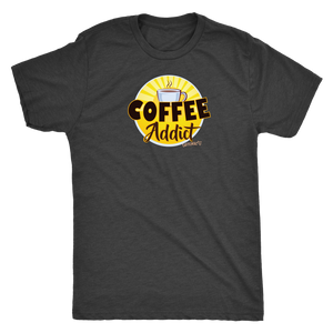 front view of a mens grey Caffeiniac t-shirt featuring the Coffee Addict design