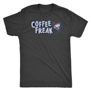 front view of a dark grey Caffeiniac t-shirt with the COFFEE FREAK design 