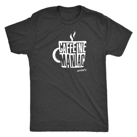 Image of a men's dark grey Caffeiniac t-shirt featuring the Caffeine Maniac design on the front in white letters