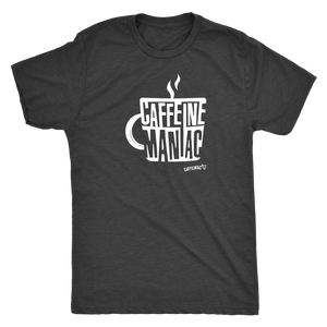 a men's dark grey Caffeiniac t-shirt featuring the Caffeine Maniac design on the front in white letters