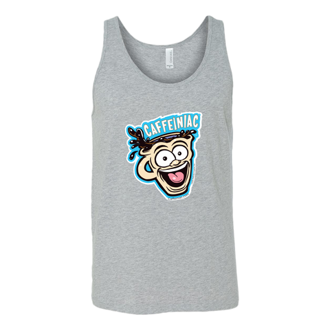 Image of front view of a light grey tank top featuring the original Caffeiniac dude cup design on the front