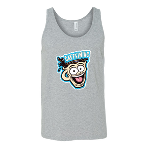 front view of a light grey tank top featuring the original Caffeiniac dude cup design on the front
