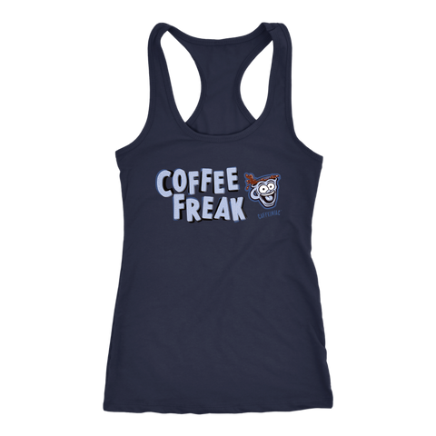 Image of front view of a women's navy blue Caffeiniac tank top with the COFFEE FREAK design in light blue letters