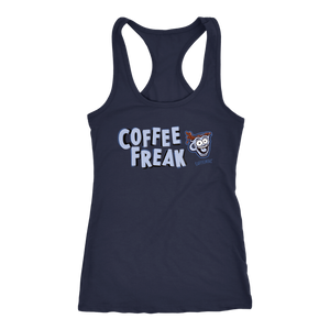 front view of a women's navy blue Caffeiniac tank top with the COFFEE FREAK design in light blue letters