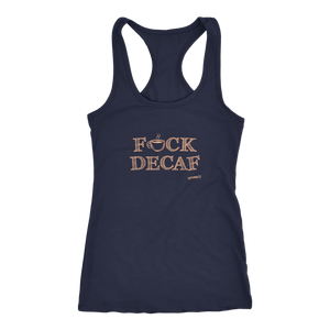 front view of a navy blue tank top with the original Caffeiniac design F_CK DECAF on the front in tan ink