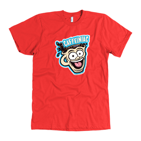 Image of front view of a red mens t-shirt featuring the original Caffeiniac dude cup design