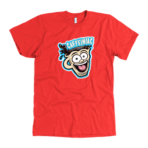 front view of a red mens t-shirt featuring the original Caffeiniac dude cup design