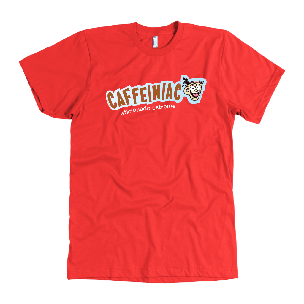 front view of a red t-shirt with the Caffeiniac aficionado extreme design on the front