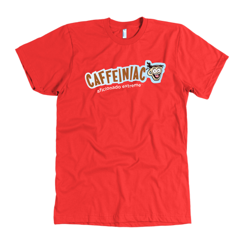 Image of front view of a red t-shirt with the Caffeiniac aficionado extreme design on the front
