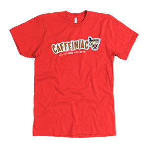 front view of a red t-shirt with the Caffeiniac aficionado extreme design on the front