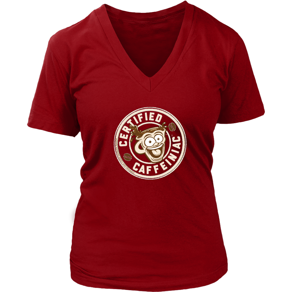 front view of a red v-neck shirt featuring the Certified Caffeiniac design on the front