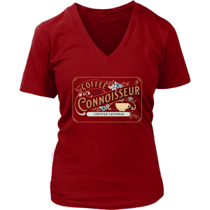 a woman's red v-neck shirt with the coffee connoisseur design by caffeiniac