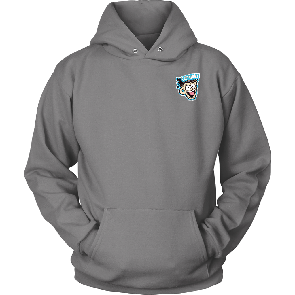 Front view of a light grey unisex Hoodie featuring the original Caffeiniac Dude design on the front left chest and full size on the back