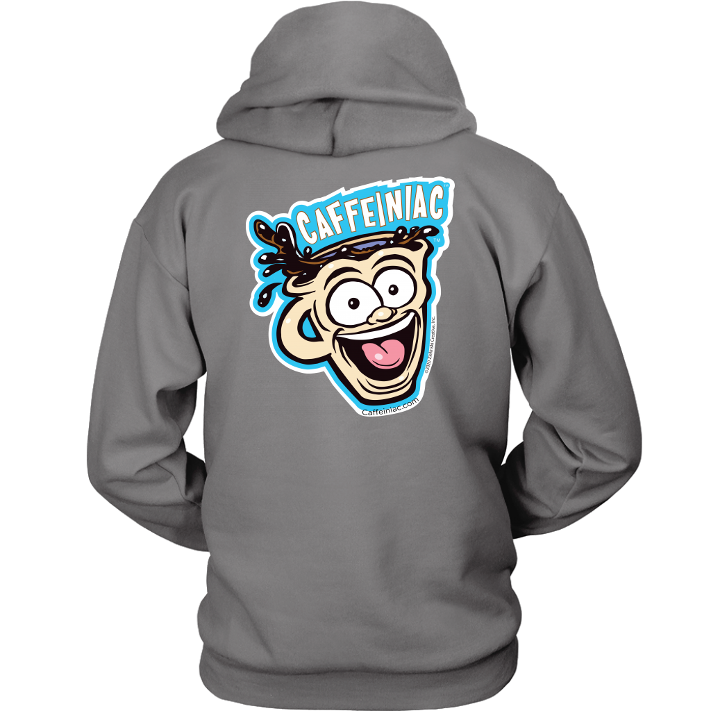 back view of a light grey unisex Hoodie featuring the original Caffeiniac Dude design on the front left chest and full size on the back
