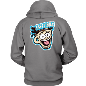 back view of a light grey unisex Hoodie featuring the original Caffeiniac Dude design on the front left chest and full size on the back