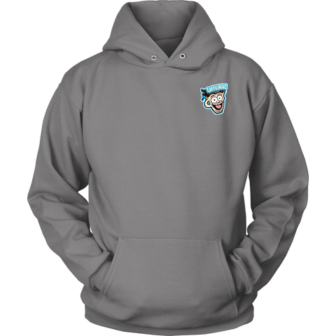 Image of Front view of a light grey unisex Hoodie featuring the original Caffeiniac Dude design on the front left chest and full size on the back