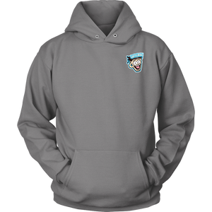 Front view of a light grey unisex Hoodie featuring the original Caffeiniac Dude design on the front left chest and full size on the back