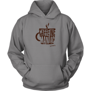 a light grey hoodie sweatshirt featuring the original coffee lover's design "Caffeine Maniac" by Caffeiniac on the front.