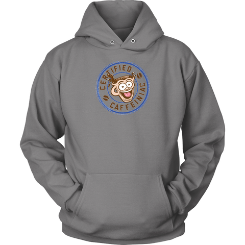 Image of front view of a grey unisex hoodie featuring the certified caffeiniac design 