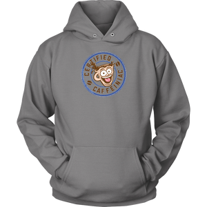front view of a grey unisex hoodie featuring the certified caffeiniac design 
