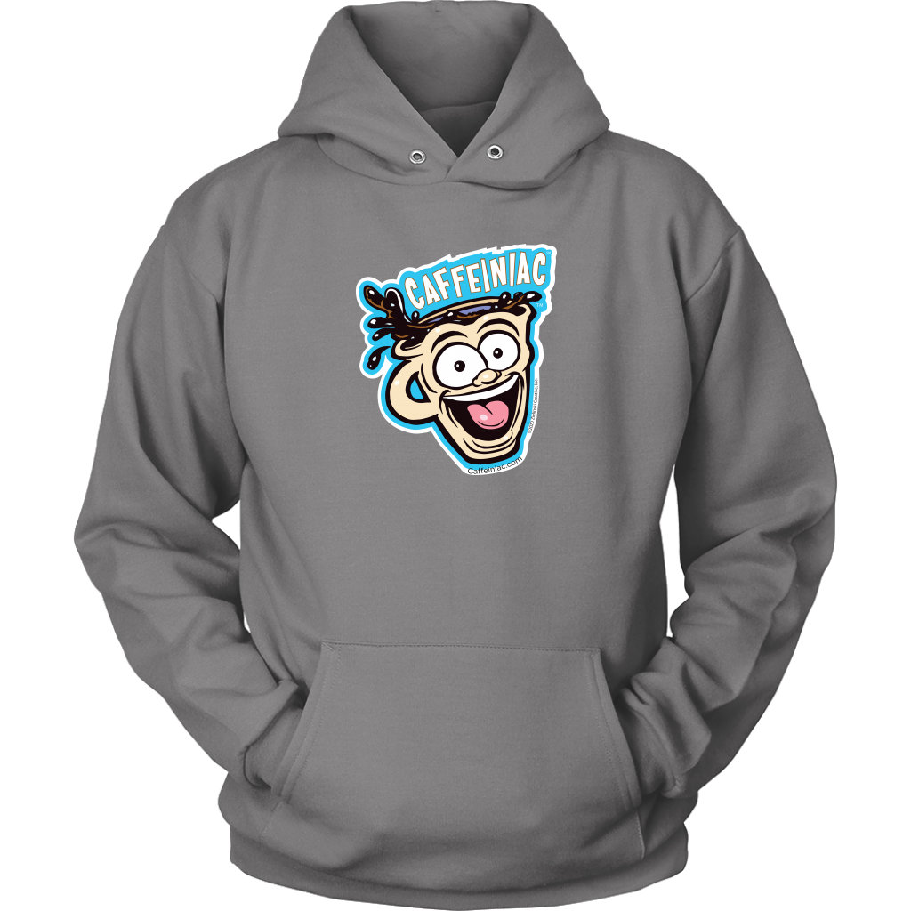 Front view of a light grey unisex Hoodie featuring the original Caffeiniac Dude cup design on the front