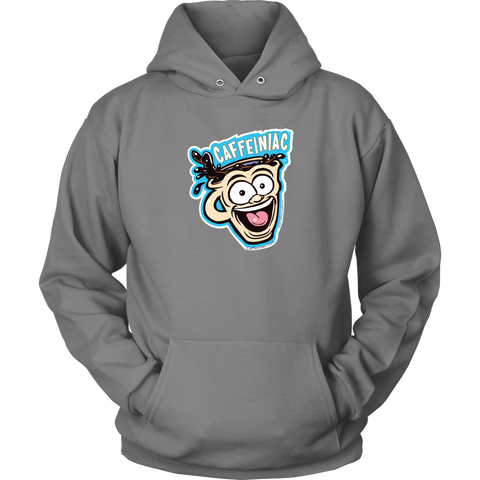 Image of Front view of a light grey unisex Hoodie featuring the original Caffeiniac Dude cup design on the front