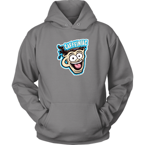 Front view of a light grey unisex Hoodie featuring the original Caffeiniac Dude cup design on the front