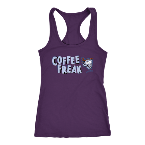 Image of front view of a women's purple Caffeiniac tank top with the COFFEE FREAK design in light blue letters