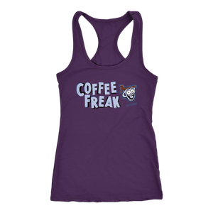 front view of a women's purple Caffeiniac tank top with the COFFEE FREAK design in light blue letters